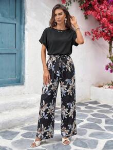 SHEIN Clasi Plus Size Elegant Round Neck Jumpsuit With Waist Belt And Wide Leg - Black - View 5