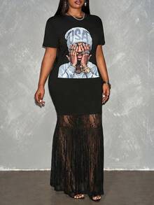Slaydiva Plus Size Maxi Dress For Women,Round Neck Short Sleeve Lace Patchwork Hem,Black And Gold,Summer,Casual,Bussines,,Independence Day Print Dress - Black - View 7