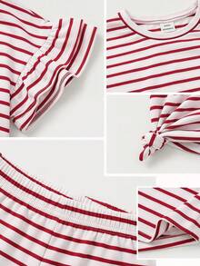 SHEIN Tween Girls' Summer Casual Striped Ruffle T-Shirt And Shorts Set - Red - View 5