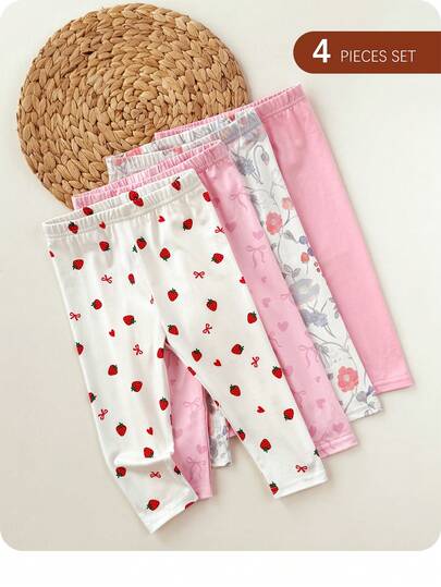 Babygirl Casual Comfortable Versatile Knit Floral & Bow Pattern Elastic Waist Pants, Multi-Color