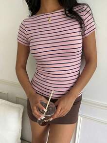 CovetEZ 95%纯棉女士休闲修身T恤，条纹T恤，女士夏季服装 - 彩色 - 查看 5