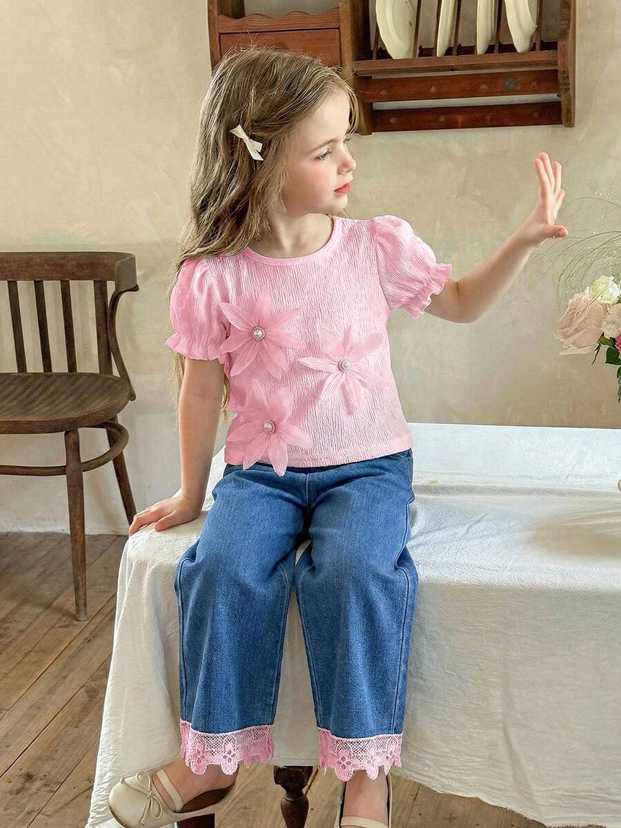 Girls Light Pink T-Shirt Set,Round Neck Top With Puff Sleeves,Front Floral Applique,Casual Denim Pants With Ruffle Hem,Summer Birthday Outfit,Elegant - Pink - View 1