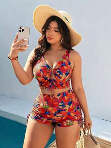 Swim Vcay Damen-Bikini-Set in Große Größen mit Leopardenmuster, 2-teilig, mit Spaghettiträger-Top und Shorts mit Kordelzugbund - Verschiedenfarbig - Übersicht 3