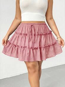 Shapeblank 大码女装春夏时尚休闲运动宽松舒适日常百搭黑色荷叶边中长裙，可搭配短裤，女式下装，夏季长裤，曲线可爱服装，裙子，外出穿搭 - 粉色 - 查看 5
