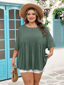 SHEIN CURVE+ Curve 尺码 US22 音乐节、海滨度假、波西米亚风女士超宽松弹力娃娃衫 T 恤 - 墨綠色 - 查看 10