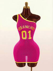 Bumpella Autumn Letter Print Contrast Color Asymmetrical Shoulder Sheer Mini Dress For Women Club Night Pink Yellow Sexy - Pink - View 3