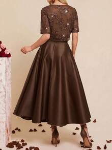 Ellevyn Women's Spring/Summer New Elegant High-End Embroidered Blouse & A-Line Skirt 2-Piece Set - Mocha Brown - View 2