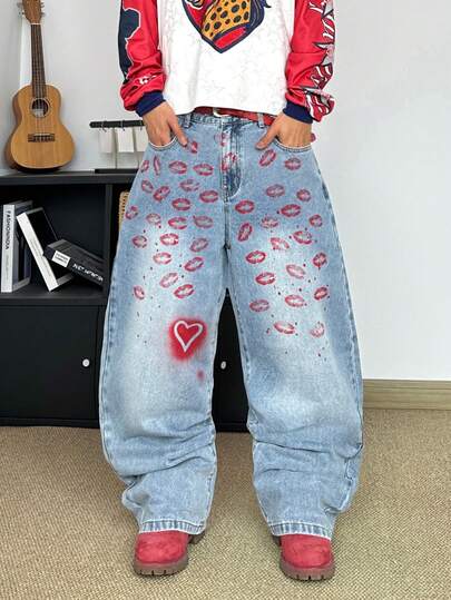 STEELVANCE Vintage Streetwear Fashion Versatile Design Accent Red Lip & Heart Graphic Loose Straight Leg Casual Jeans