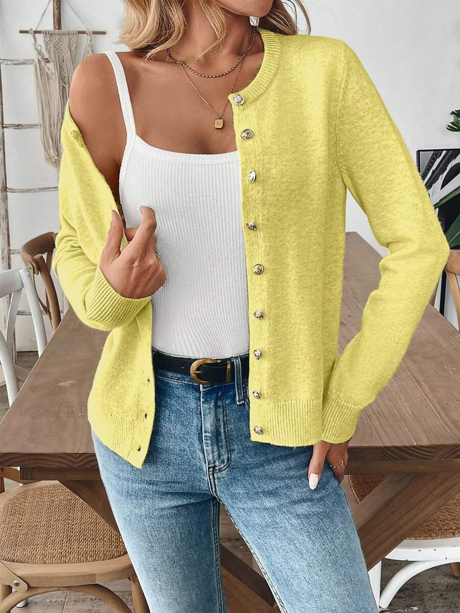EMERY ROSE Women's Solid Color Single-Breasted Casual Versatile Daily Wear Long Sleeve Cardigan Everyday Soft Yellow Autumn - Yellow - View 1