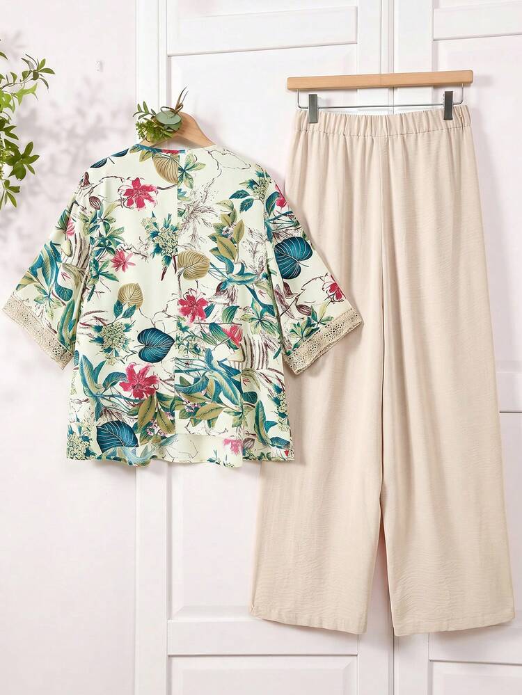 Plus Size Women Floral Print Lace Patchwork Shirt And Casual Pocket Pants 2 Piece Set Summer Summer Outfit For Women Festival Outfits For Women Beach Outfits For Women Vacation Outfits Women Holiday Outfits  For Women  Casual Sets For Women