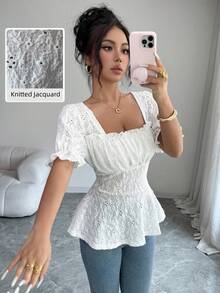 Modelyn 法式方领收腰花瓣袖女式上衣 - 白色 - 查看 8