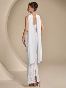 Coutiva Robe de soirée élégante sans bretelles et sans manches avec un design de perles en forme d'éventail et une coupe droite, parfaite pour les événements de printemps/été. Convient pour les anniversaires, les festivals de musique, les tenues d'invités de mariage, les robes de remise des diplômes, les robes de fête de rentrée scolaire et d'autres occasions festives. - Nude - Voir 3