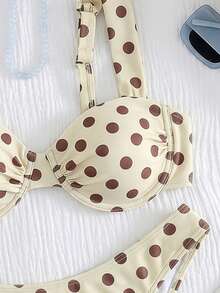 SHEIN Swim 女款夏季天藍色圓點比基尼，復古風情，修身剪裁適合海灘度假，浪漫泳裝套裝適用於陽光海灘與泳池派對 - 黃色 - 查看 3