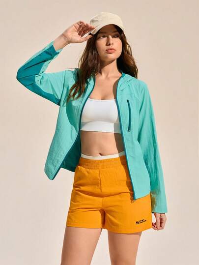 Exploreva Chaqueta cortavientos con capucha y cremallera para mujer, de uso casual y al aire libre