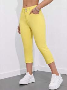 SHEIN Essnce 女款休閒百搭口袋裝飾七分牛仔褲 - 黃色 - 查看 3