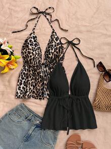 SHEIN PETITE CURVE 大码夏季休闲纯色及豹纹露背吊带上衣 - 彩色 - 查看 8
