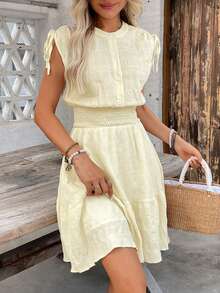 SHEIN Holidaya French Relaxed Texture Vacation Maxi Dress - Summer Drawstring Waist Slimming A-Line Dress - Light Yellow - View 6