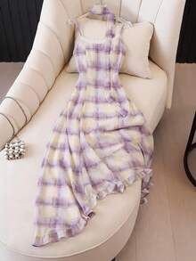 GlowEve Đầm chữ A bất đối xứng xếp nếp kẻ caro tím, đầm thanh lịch, đầm hai dây, đầm đi biển, đầm mùa hè thời trang dành cho nữ, đầm xòe thướt tha - Màu tím - Xem 3