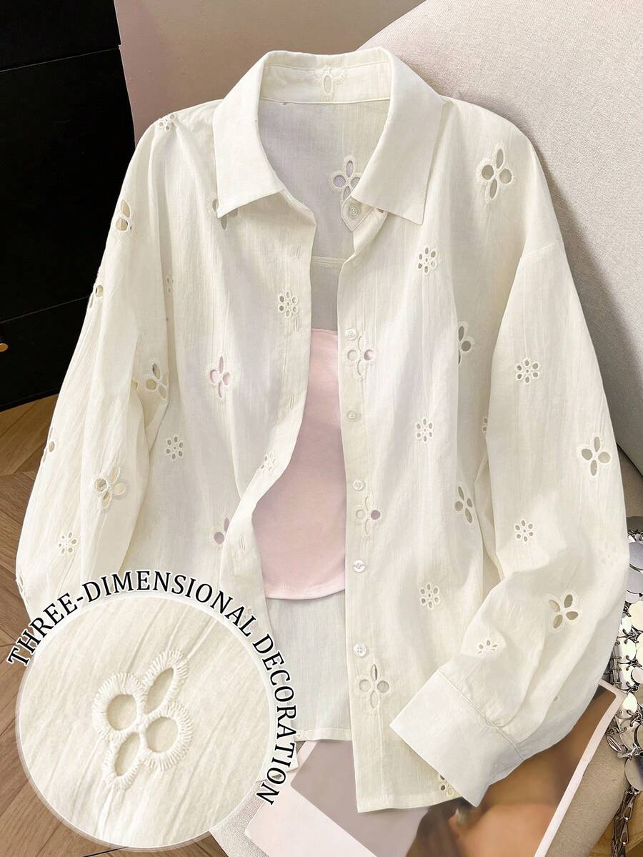 Airaco 女士花卉刺绣图案单排扣休闲百搭日常衬衫 - 杏色 - 查看 1