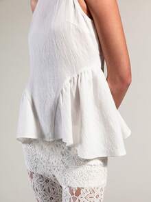 Rouah Women's Solid Color Round Neck Textured Peplum Top - Perfect For Summer Nights, Party Brunch Vacation, Resort, All White Casual Boho - White - View 4