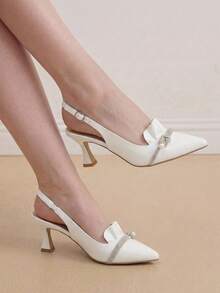 Eladyva Women's Red High Heel Pumps, Pointed Toe, Graceful, Versatile, Soft Leather, Comfortable, Pearl & Rhinestone Decor, Dress Shoes, Stiletto Heel - White - View 3