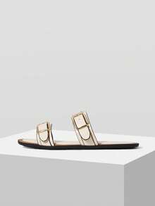 MOTF ESTACIÓN EUROPEA NUEVA MODA RETRO HEBILLA DOBLE CORREA PUNTERA REDONDA PLANA CASUAL CHIC MINIMALISTA CÓMODA SUAVE SANDALIAS DE PLAYA DESLIZANTES PARA MUJERES - Beis - Ver 6