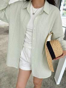 DAZY Women's Casual Commuter Striped Shirt - Green - View 3