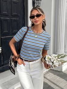 SHEIN Frenchy Áo thun nữ tay ngắn cổ tròn dáng rộng, bất đối xứng, màu xanh dương, có gân, kiểu dáng đa năng, phù hợp cho mùa xuân/hè và mùa thể thao. - Nhiều màu - Xem 6