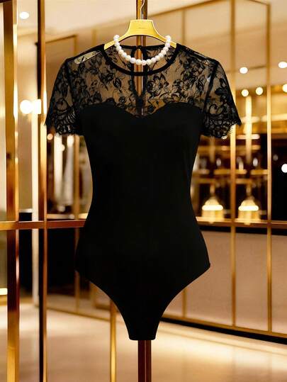 Elenzga New Spring/Summer Lace Patchwork Solid Color Round Neck Short Sleeve Bodysuit