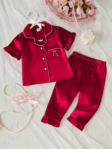 Baby Girls' Colorful Ruffle Trim Bow Embroidery Short Sleeve Top And Pants 2Pcs Pajama Set, Spring/Summer - Red - View 7