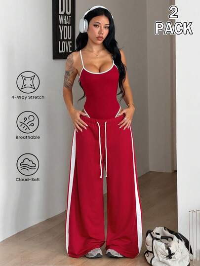 Women's Summer Y2K Streetwear Casual Sportswear Daily Wear Minimalist Sport Workout Sets Stretchy Backless Sleeveless Bodysuit And Turn-Down Trousers Wide Leg Sweatpants Red 2pcsn