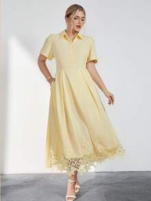 Chikora Đầm công sở tay ngắn cổ bẻ màu xanh hải quân kẻ sọc dành cho nữ cỡ lớn, thích hợp đi làm. - Xanh và trắng - Xem 4
