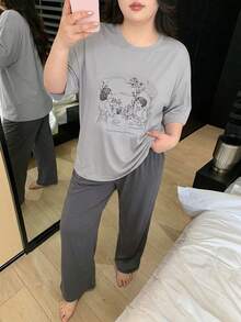 Dazy Plus Plus Size Graphic Print Loose Fit Short Sleeve Top And Elastic Waist Pants Pajama Set Summer - Grey - View 4
