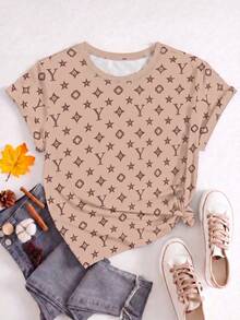 Rovax Casual Basic Round Neck T-Shirt, Fashion Coffee Color + Khaki Retro Floral Pattern - Multicolor - View 4