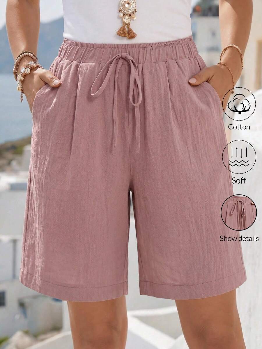 Faunlyn Quần short nữ mùa hè co giãn màu trơn có túi chéo, quần short cotton thoải mái - Màu Hồng baby - Xem 1