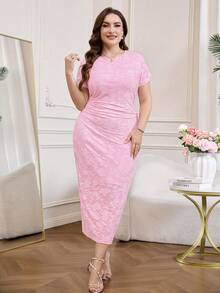 SHEIN Clasi 大码女式镂空圆领短袖褶皱修身优雅连衣裙 - 粉色 - 查看 6