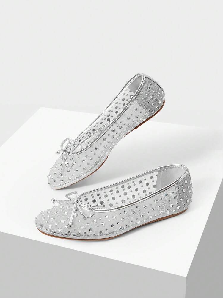 NEW SPRING AND SUMMER BALLET RHINESTONE MESH BOW ROUND TOE FLAT BOTTOM WOMEN'S SHOES APRICOT FAIRY VERSATILE TEMPERAMENT SWEET AND ELEGANT LIGHT MOUTH SHOES COMFORTABLE HIGH-END CLASSIC SHOES SPRING SHOES