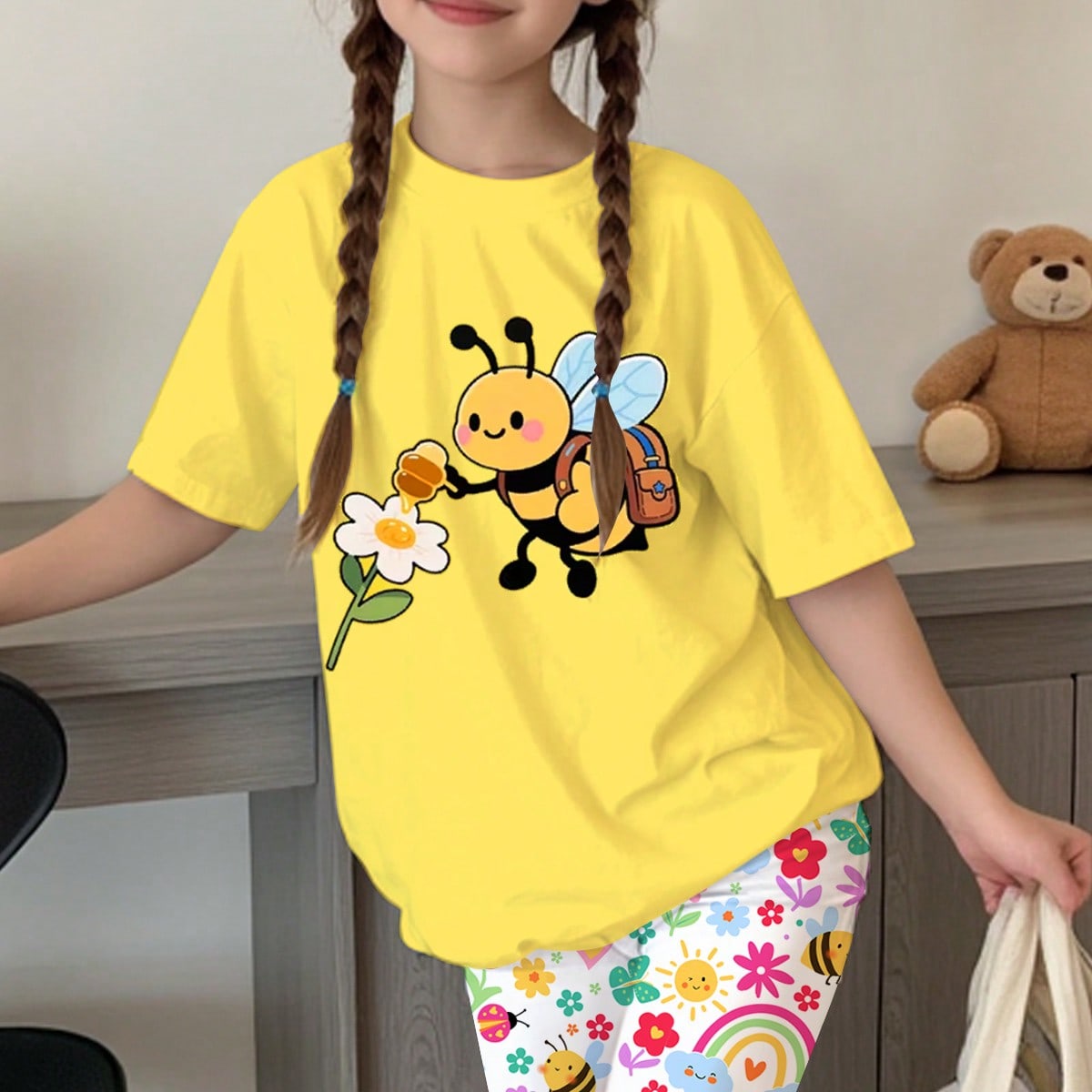 Set de 2 piezas, Camiseta de manga corta con cuello redondo y estampado de abeja y flor de estilo casual y lindo para niña preadolescente, Conjunto d