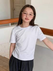Dazy Kids Crew Neck Fitted Solid Color Girls (Plus Size) T-Shirt - White - View 4