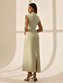 SHEIN Tall Đầm dài dự tiệc thanh lịch màu trơn dành cho nữ, cổ xếp ly, eo thắt gọn. - Màu be - Xem 2