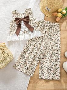 Emery Rose Kids Emery Rose Kids 两件套女童雪纺花卉拼接荷叶边休闲吊带背心和长裤套装 - 彩色 - View 4