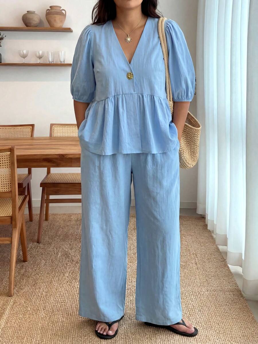 SHEIN CURVE+ Plus Size Women's Metal Single Button Short Petal Sleeve Shirt And Pants Casual Baggy Soft Form 2 Pieces Set Formal Vacation Light Blue Summer - Multicolor - View 1