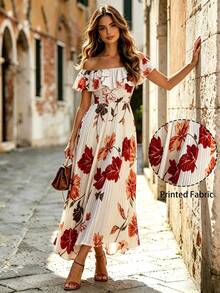 Modelyn Đầm nữ in hoa, trễ vai, xếp ly bồng bềnh, thanh lịch, lãng mạn, dáng chữ A, kiểu dáng nghỉ mát. - Nhiều màu - Xem 4