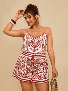Travachic Plus Size Women Allover Print Casual Everyday Jumpsuit - Red - View 4