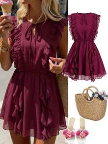 Ellevyn Tie-Up Ruffle Hem Elegant Vacation Dress - Purple - View 1