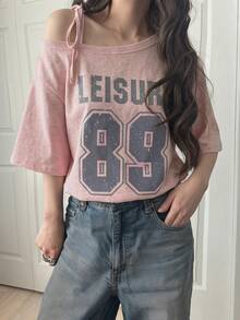 FRIFUL Women's Casual Loose Fit Off-Shoulder T-Shirt With Bowknot Strap And Letter Print, Suitable For Spring And Summer - Pink - View 1