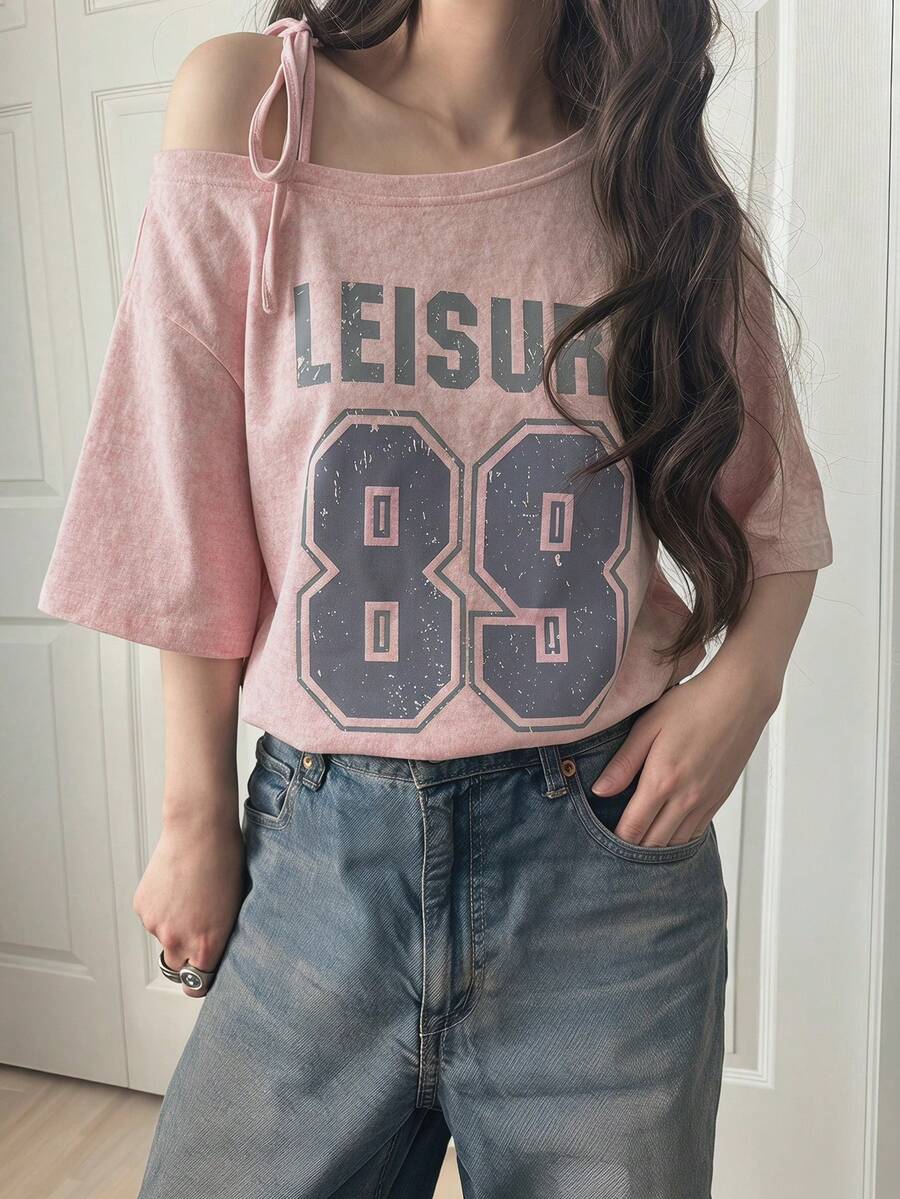 FRIFUL Women's Casual Loose Fit Off-Shoulder T-Shirt With Bowknot Strap And Letter Print, Suitable For Spring And Summer - Pink - View 1