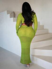 Veslaya Plus Size Women's Avocado Green Knit Set,Long Sleeve Twist Front Crop Top&High Waist Skirt For Sommar,Beach,Vacation,Holiday,Music Festival&Party - Green - View 3