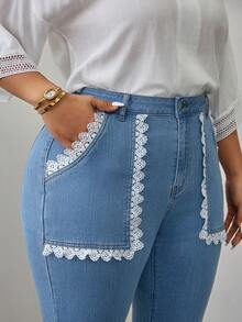 EMERY ROSE Summer Casual Elegant Chic Distressed Wide Leg Light Blue Lace Trim Flare Stretch Denim Daily Wear Going Out Plus Size Women's Elegant Stretch Jeans - Light Wash - View 3