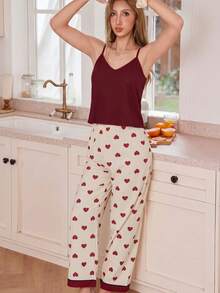 Snug Reverie Solid Color V-Neck Camisole Contrast Heart Print Pants Pajama Set Sleeping Burgundy Beige Summer Cute - Multicolor - View 5